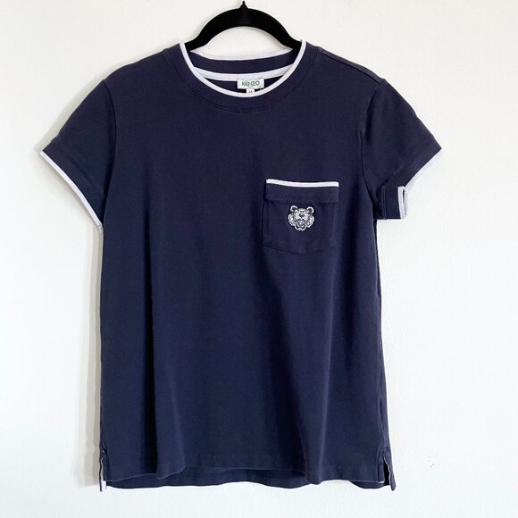 KENZO Paris Embroidered Tiger Pocket Navy Blue Polo T-shirt Authentic Size Small - Picture 1 of 6